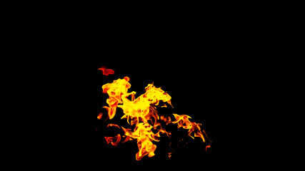 Fire flames on black background isolated. Burning gas or gasoline burns with fire and flames. Flaming burning sparks close-up, fire patterns. Infernal glow of fire in the dark with copy-space