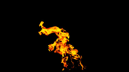 Fire flames on black background isolated. Burning gas or gasoline burns with fire and flames. Flaming burning sparks close-up, fire patterns. Infernal glow of fire in the dark with copy-space
