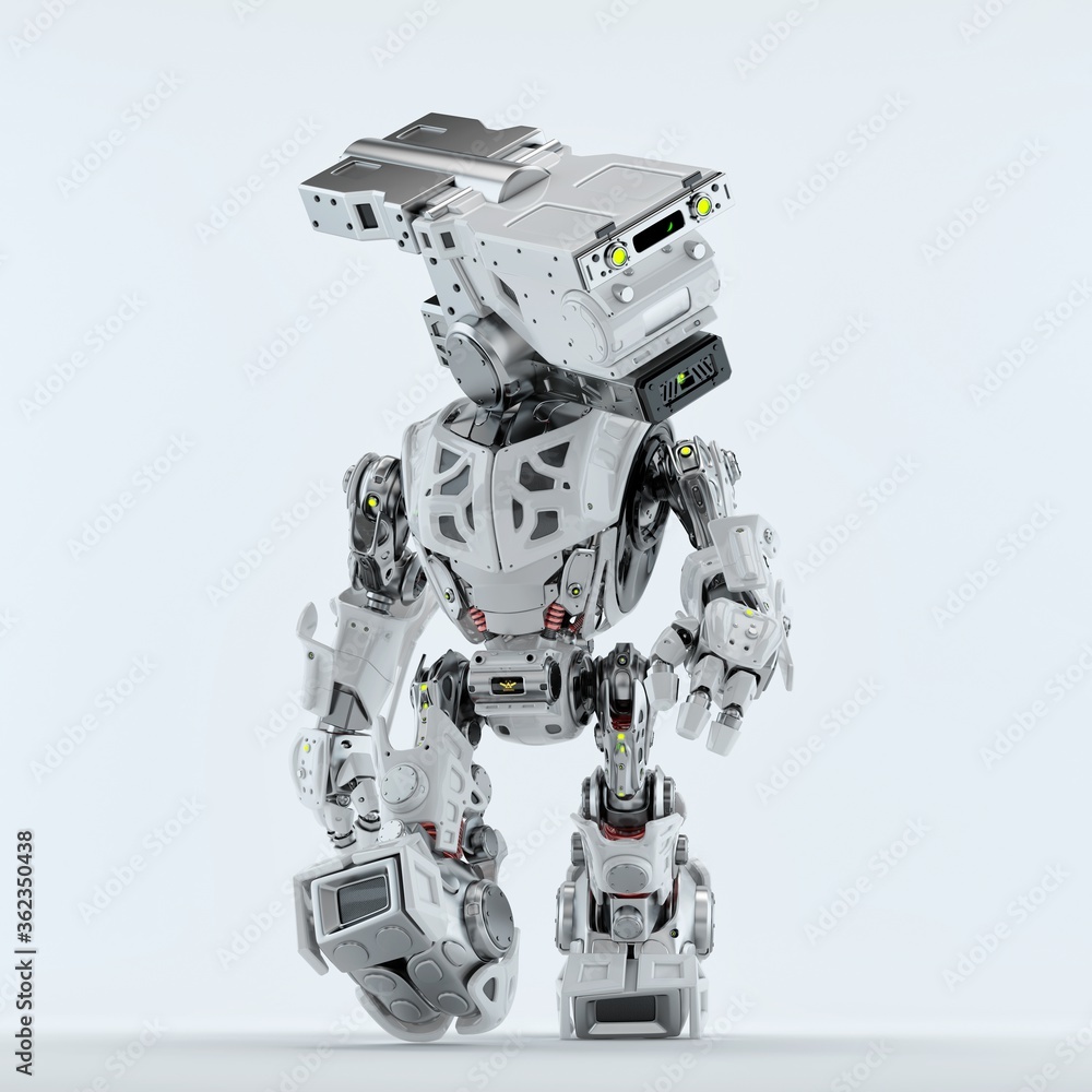 Poster stylish silver robot walking. assistant bot for video surveillance, 3d rendering in front