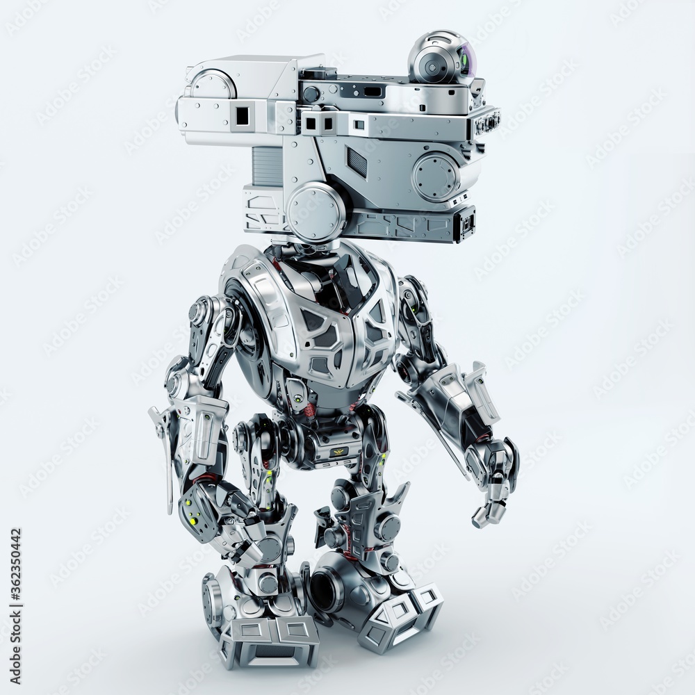 Aufkleber stylish silver robot. assistant bot for video surveillance, 3d rendering in profile
