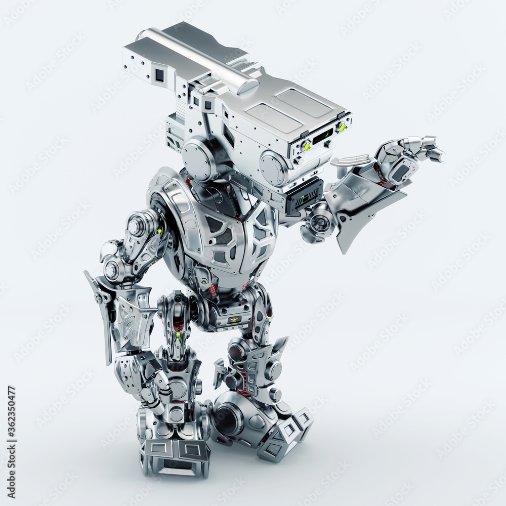 Poster stylish stylish silver robot gesturing. assistant bot for video surveillance, 3d rendering in upper 