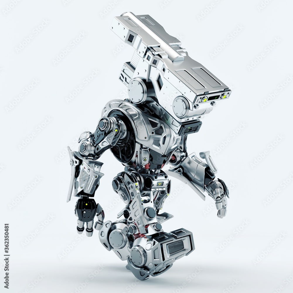 Poster stylish silver robot walking. assistant bot for video surveillance, 3d rendering in side