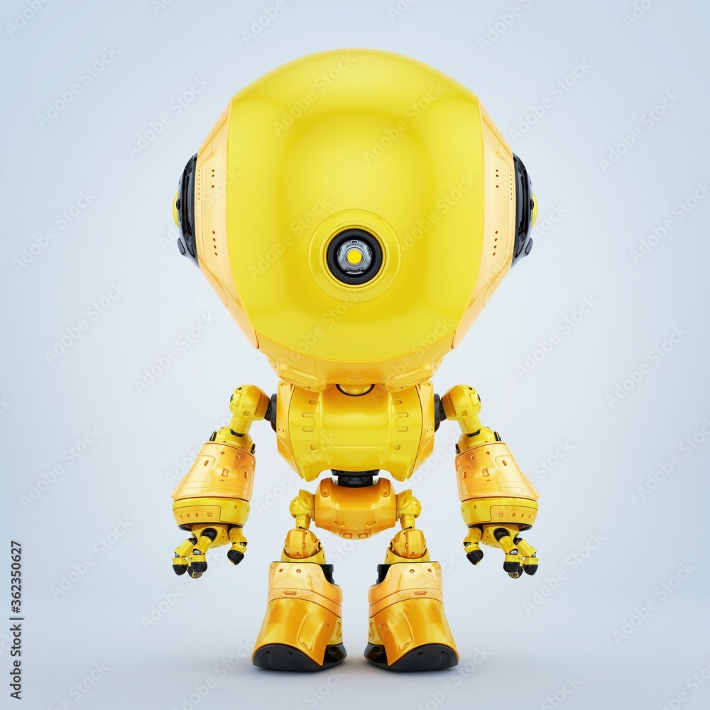 Poster bright yellow cyclops robot with one camera eye, 3d rendering