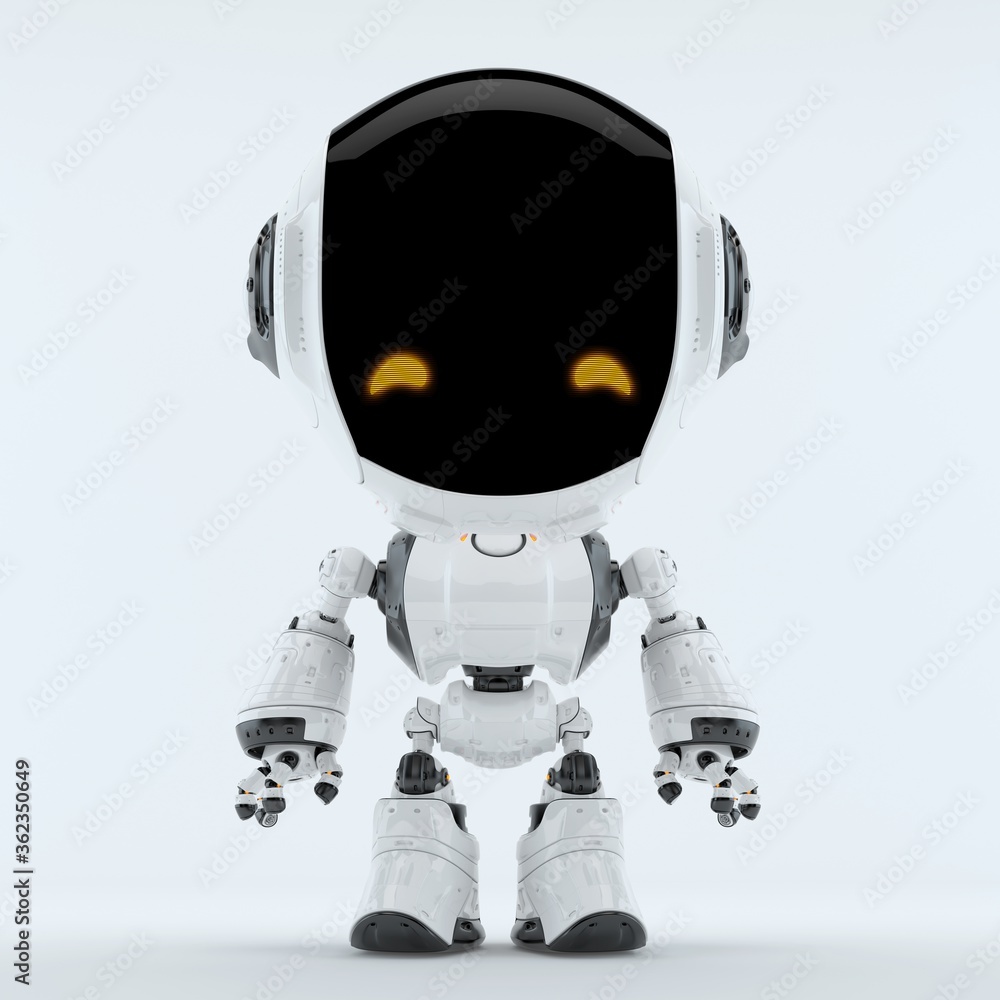 Poster stylish robotic character - silver colored charming fun bot, 3d rendering