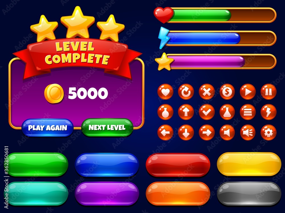 Poster game ui. level complete menu with golden stars and buttons. health bar, arrows and play button for m