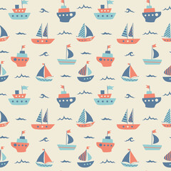 Obraz na płótnie Canvas Sailboat cartoon colorful seamless pattern in vintage colors on beige background 