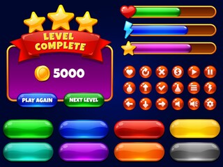 Game UI. Level complete menu with golden stars and buttons. Health bar, arrows and play button for mobile games interface vector illustration set. Ui menu, interface game level, loading level progress © Tartila