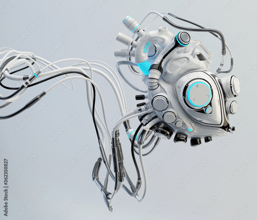 Aufkleber concept of white artificial robotic heart with many wires connected, 3d rendering