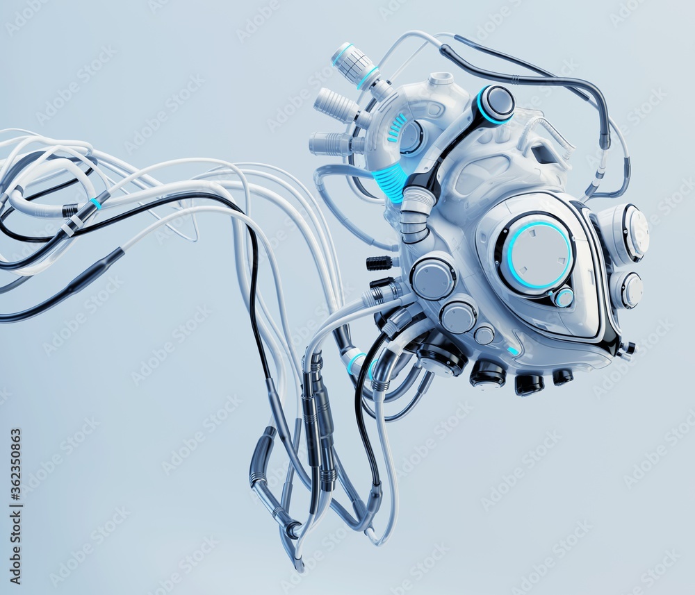 Poster concept of white artificial robotic heart with many wires connected, 3d rendering