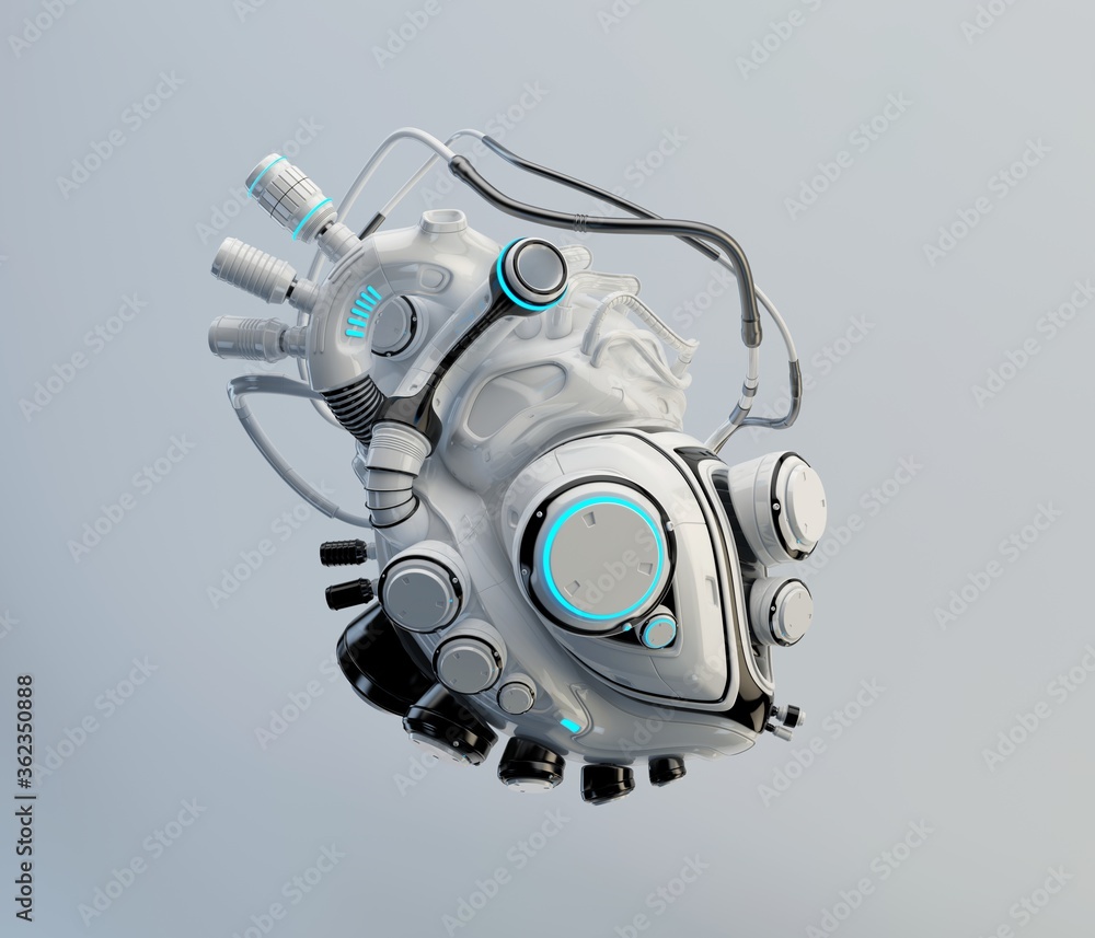 Poster concept of white artificial robotic heart, 3d rendering