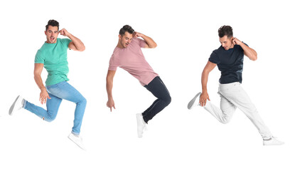Fototapeta na wymiar Collage of emotional young man wearing fashion clothes jumping on white background