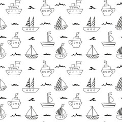 Boat cartoon seamless pattern in black and white colors. Colored cartoon marine background for kids 