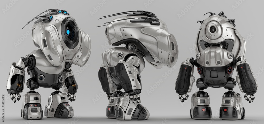 Poster alien robot with huge hood head, 3d rendering in three poses