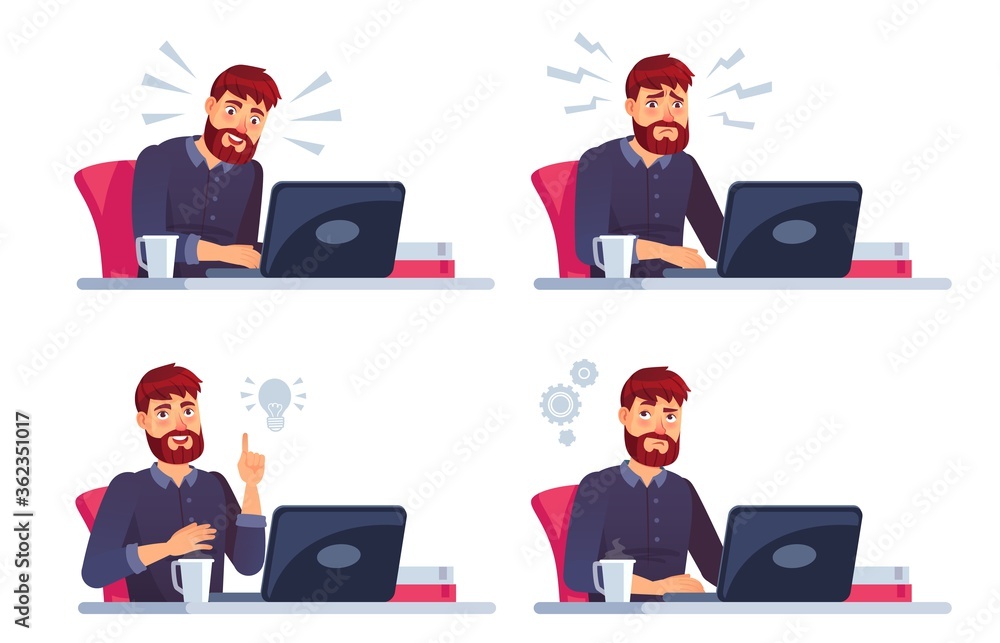 Poster man working on laptop. man work at computer, business character in office, programmer at workspace. 