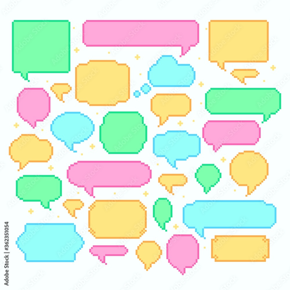 Poster pixel speech bubbles. talk and communication message 8-bit style, chat square banner for conversatio