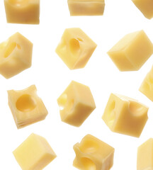Set of delicious cheese cubes on white background
