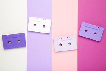 Old colorful cassettes on a colorful background. Music day