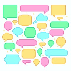 Pixel speech bubbles. Talk and communication message 8-bit style, chat square banner for conversation, vector illustration