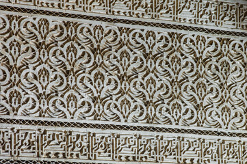 Detail of colorful decorative ceramic tiles in the Bahia Palace in Marrakesh, Morocco