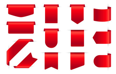 Red silk labels. Blank discount price tags, textile bookmarks. Web ribbons banner, promotion closeout stickers, curved tape vector set. Sale and price, badge and bookmark sticker illustration