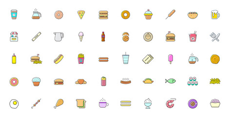 Colorful Set of Fast Food Street Food Related Vector Line Icons.