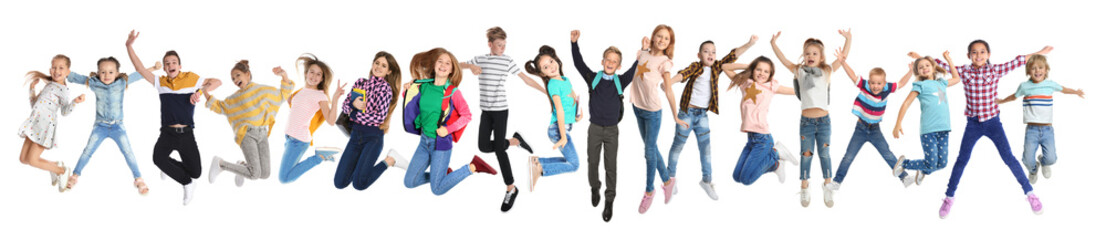Collage with photos of jumping children on white background. Banner design