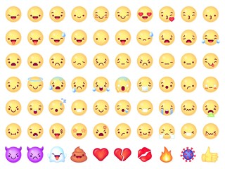 Emoticon emoji. Smiling, laughing yellow face, angry sad, joy and cry expressions. Heart and kiss, devil and coronavirus vector icons. Illustration smile and emoji, happy laugh emoticon, emotion mood