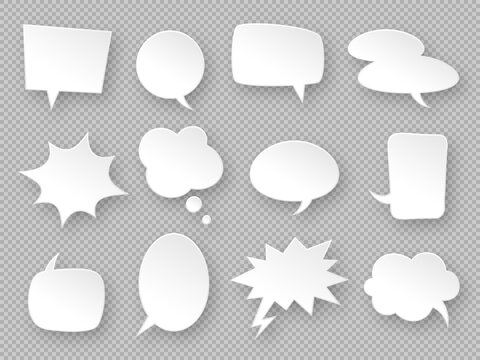 Paper speech bubbles. White communication bubbles, thought balloons. Messages cloud, dialog chat, blank advertising discussion vector labels. Paper sticker collection, speech message illustration