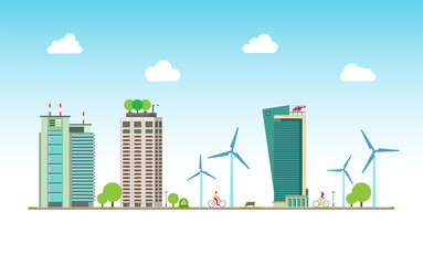 Urban Ecology. People with bikecycles in the ecologically pure city landscape. Cycle lane. Vector.