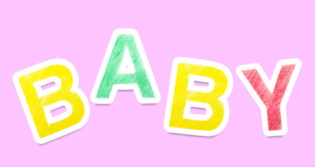 Word BABY made of paper letters on pink background. Banner design