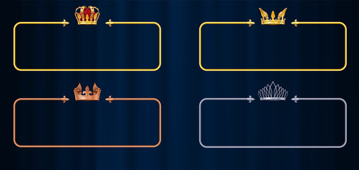 Royal button frames. Bronze, silver and golden ranking frames with crowns premium design, vip game ribbon graphical interface vector set. Illustration royal crown frame, graphical button © Tartila