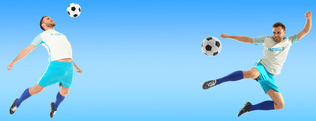 Fototapeta na wymiar Young man playing football on light blue background, space for text. Banner design
