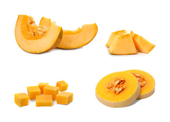 Set with cut fresh pumpkins on white background
