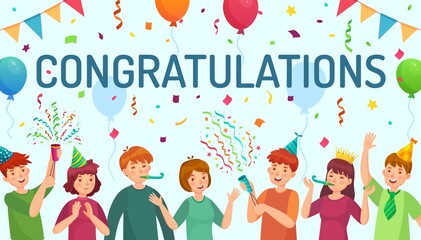 Fototapeta na wymiar Congratulations card. Happy people congratulate you, team celebrate together cartoon vector illustration. Celebration birthday and congratulate