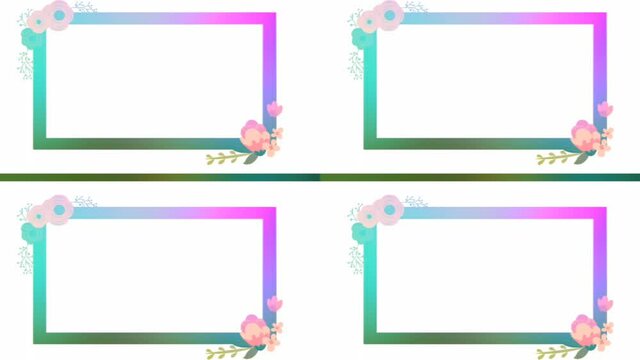 Rectangular picture frames for copy space of photos or text with flowers, purple, yellow and pink decorative against a white background