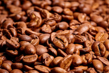 A field of tasty coffee beans as far as the eye can see with appetizing warm lighting for detail structure and depth 
