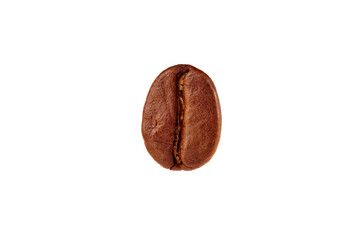 Single loan coffee bean close up on a white background with structure and detail revealing side lighting 