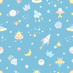 Naklejka na ściany i meble Cartoon space seamless pattern with cute aliens, UFO, moon, spacecraft, planets, galaxies, stars and comets. Childish cosmic background 