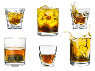 Collage with glasses of whiskey on white background