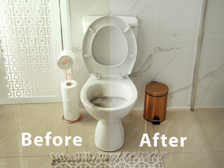 Toilet bowl before and after cleaning in bathroom