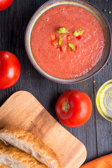  classic spanish raw eating cold soup Gazpacho.  close up. food recipe. healthy concept.