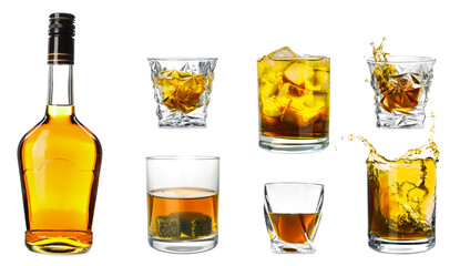 Collage with bottle and glasses of whiskey on white background