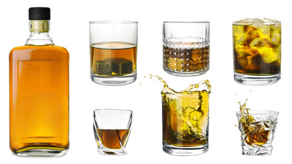 Collage with bottle and glasses of whiskey on white background