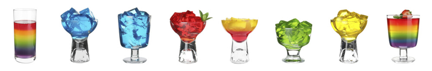 Set of tasty jelly desserts on white background. Banner design