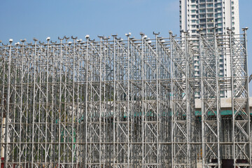 KUALA LUMPUR, MALAYSIA -JULY 29, 2019: Scaffolding is installed on the construction site as...