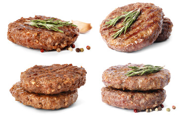 Set with delicious grilled meat on white background