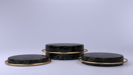 Shiny black round marble pedestal podium. Abstract high quality 3d concept illuminated pedestal by spotlights on white background. Futuristic marble background. Can be used on banners, web. 3d render.