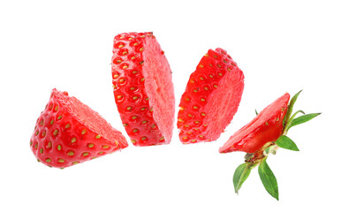 Pieces of ripe strawberry falling on white background