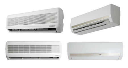 Set with different modern air conditioners on white background