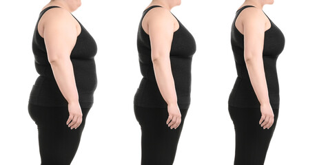 Collage with photos of overweight woman before and after weight loss on white background,closeup....
